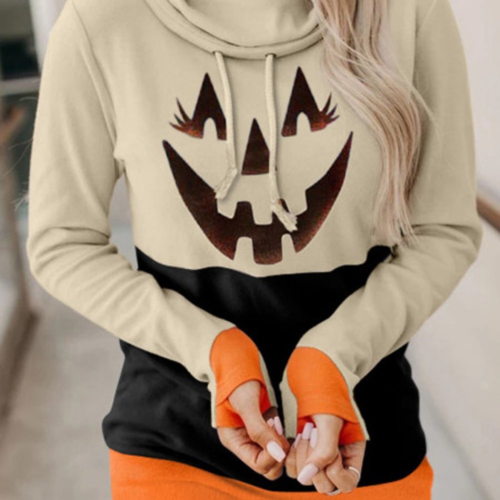 (3pack) - Cowl Neck Pumpkin Halloween Sweatshi…